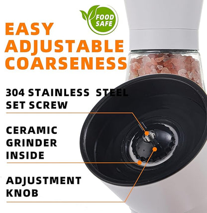 DAVIMADE White Salt and Pepper Grinder Set of 2,Manual Refillable Adjustable Ceramic Grinders, Stainless Steel Salt and Pepper Shakers,Short Glass Body W/Funnel