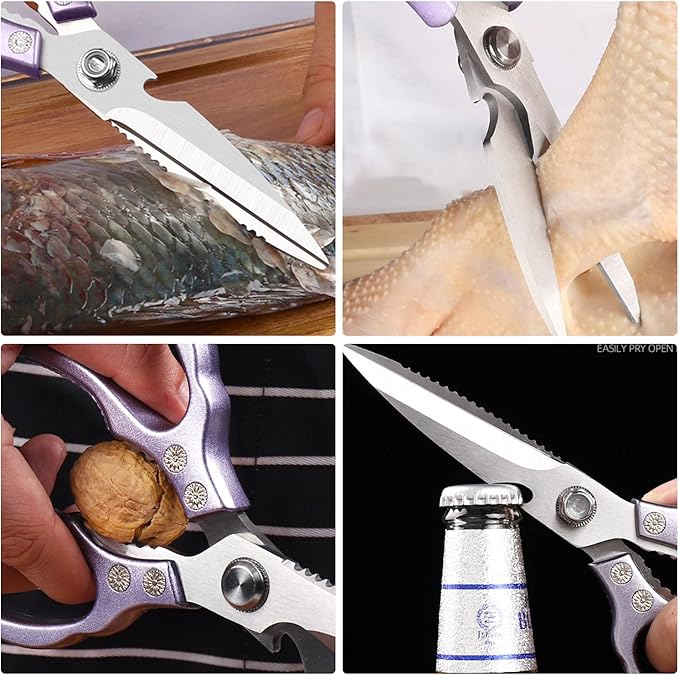 AWinjoy Heavy Duty Sharp Kitchen Scissors, Dishwasher Safe, Cooking Shears for Meat, Chicken, Fish, Poultry, Herb, Bread (Purple) - Image 4
