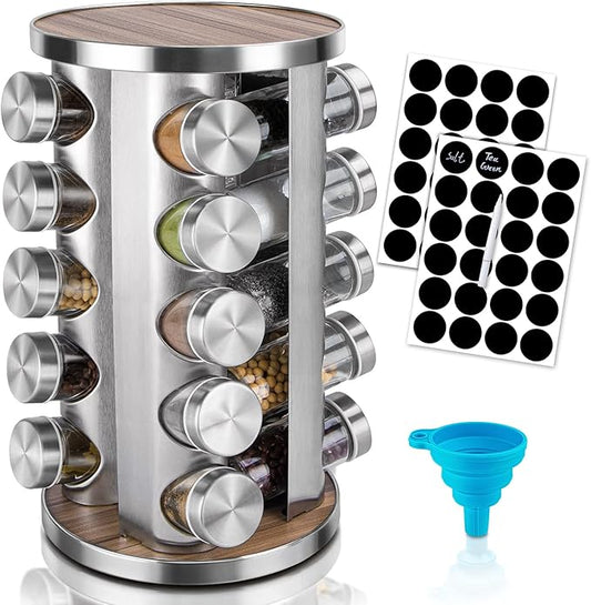 Rotating Spice Rack Organizer with Jars(20Pcs), Seasoning Organizer for Cabinet, Kitchen Spice Racks for Countertop, Revolving Stainless Steel Spice Organizer by dasaka