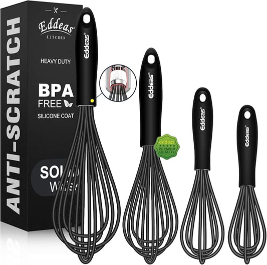 Eddeas Silicone Whisk - Non Scratch Whisks for Cooking, 500°F Heat Resistant Siliocne Wisk tool, Heavy Duty Kitchen Whisks, for Blending, Beating, set of 4 (5+7+9+11 inch) Black by Eddeas