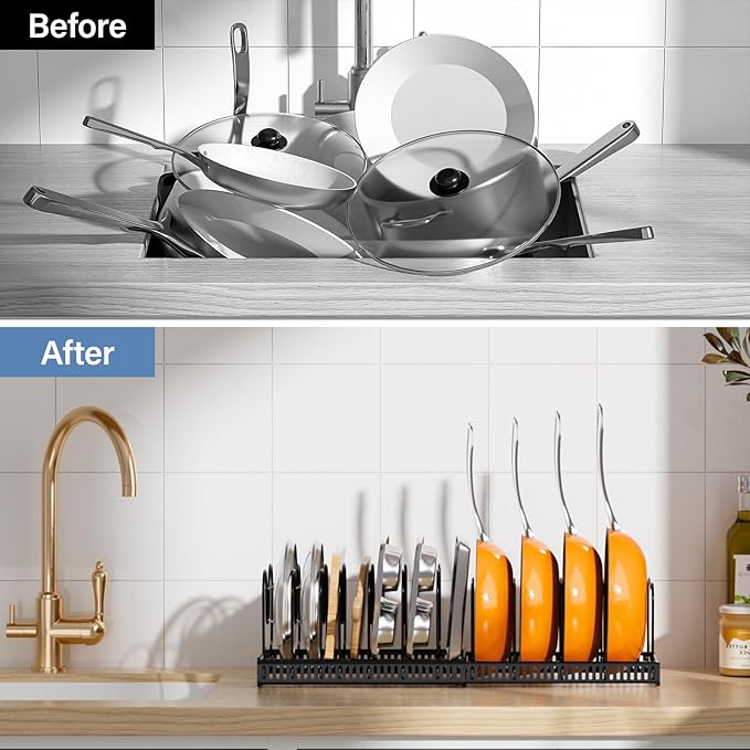 ORDORA Pots and Pans Organizer under Cabinet with Pot Lid Organizer, Expandable Rack for Pan and Pot Organizers Inside Cabinet, 11.8"-22.8" Adjustable with 12 Dividers for Kitchen Organization, Black - Image 7