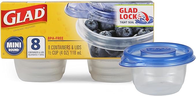 Glad GladWare Mini Round Food Storage Containers with Lids, Small BPA Free Reusable Plastic Snack Containers with Lock Tight Seal for Lunch, Portion Control, and On the Go, 4 Oz, 8 Count by GladTrashFoodStorage