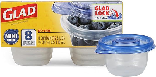 Glad GladWare Mini Round Food Storage Containers with Lids, Small BPA Free Reusable Plastic Snack Containers with Lock Tight Seal for Lunch, Portion Control, and On the Go, 4 Oz, 8 Count by GladTrashFoodStorage