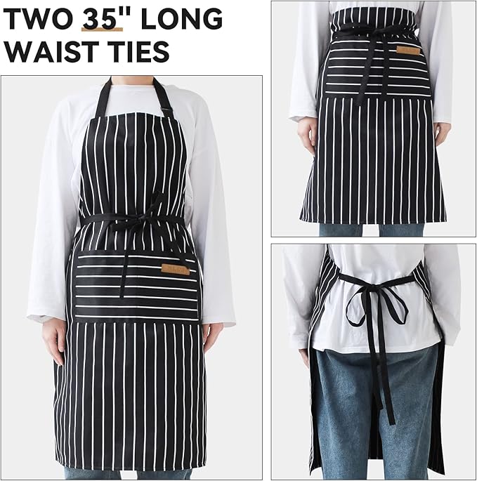 NLUS 2 Pack Cooking Aprons for Women with Pockets Adjustable Kitchen Bib Aprons for Women Men Chef, Black/White Stripe (Classic Black/White Stripes) - Image 6