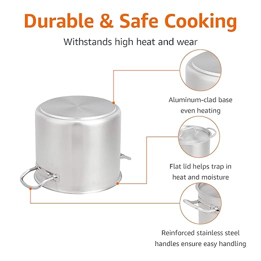 Amazon Basics 12 Quarts Stainless Steel Aluminum-Clad Stock Pot with Cover, Induction Compatible, Dishwasher Safe, Oven Safe, Even Heating, Soup and Pasta Pot - Image 2
