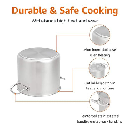 Amazon Basics 12 Quarts Stainless Steel Aluminum-Clad Stock Pot with Cover, Induction Compatible, Dishwasher Safe, Oven Safe, Even Heating, Soup and Pasta Pot - Image 2