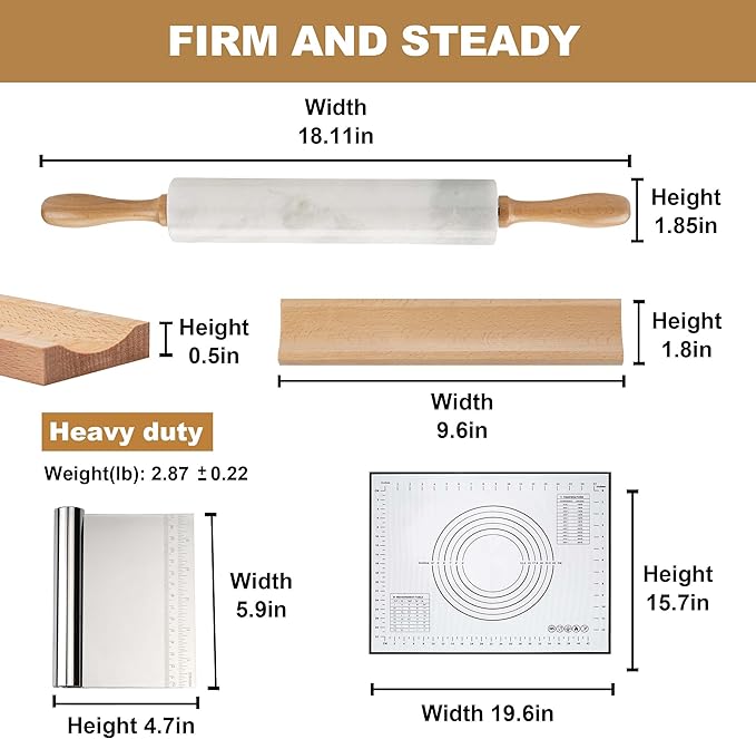 Koville African Natural Marble Rolling Pin, Non-Stick Polished Dough Roller, Pasta, Dumpling, Fondant, Pie Crust, Bread, Pizza Dough, Kitchen Baking Pastry Tools with Mat/Scraper（Namib Fantasy） - Image 2
