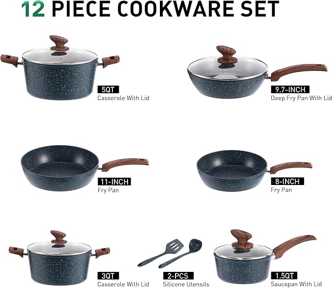 MAISON ARTS Pots and Pans Set Non Stick, Kitchen Cookware Sets Nonstick, 12 Piece Granite Cooking Pot and Pan for Induction, Stovetop, Blue - Image 3