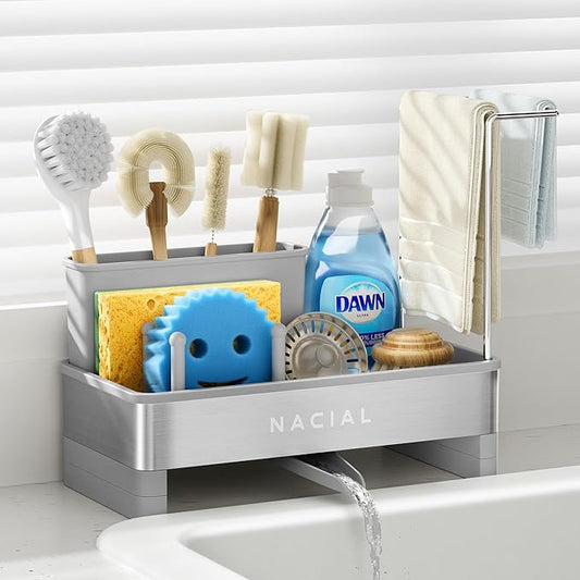 Nacial Sponge Holder for Kitchen Sink, Sink Caddy Organizer with High Brush Holder & Two Towel Racks - Rustproof 304 Stainless Steel Kitchen Countertop Storage Essentials - Gris by NacialPromise-Consumersfirstalways