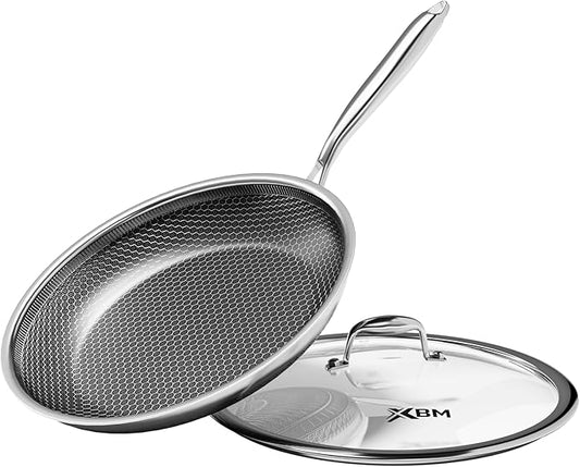Nonstick Frying Pan with Lid 10-Inch, Durable Stainless Steel Skillet, Induction Cooktop Compatible, PFOA-Free Scratch-Proof, Dishwasher & Oven Safe, Stay-Cool Handle, Silver Kitchen Cookware by XBM