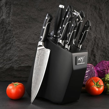 Damascus Kitchen Knife Sets, 9 Pieces Kitchen Knives Set with Block, ABS Ergonomic Handle for Chef Knife Set, Knife Sharpener and Kitchen Shears, Knife Block Set