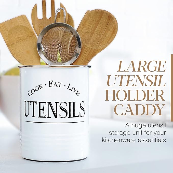 Walford Home Original Kitchen Utensil Holder Crock, White With Premium Padded Base - Vintage Farmhouse Home Kitchen Decor - Large Kitchen Tool Utensil Storage Caddy Organizer - Image 2
