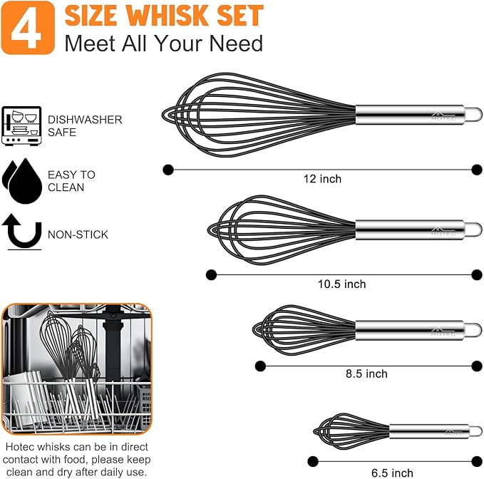 HOTEC 4 Pieces Silicone Whisks Set, Wire Balloon Whisks Egg Beater, Non-slip Handle Whisk for Non-stick Cookware Perfect for Cooking, Stirring, Beating and Blending (Black) - Image 2