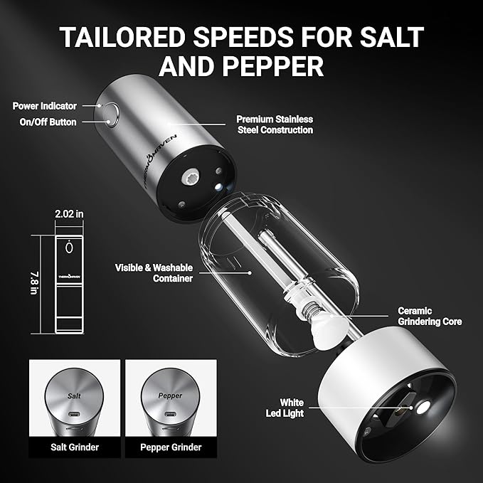 ThermoMaven Electric Salt and Pepper Grinder Set, 110ml Larger Rechargeable Automatic Salt and Pepper Mill Grinder with 6 Adjustable Coarseness, Salt and Pepper Shakers, LED, 2 Packs, Black & White - Image 7