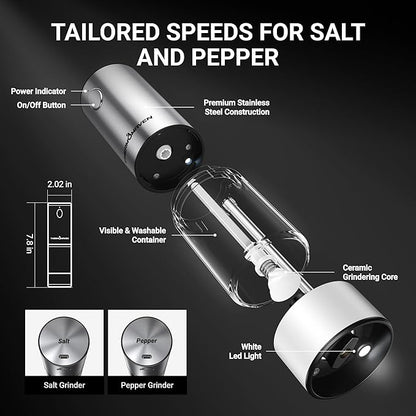 ThermoMaven Electric Salt and Pepper Grinder Set, 110ml Larger Rechargeable Automatic Salt and Pepper Mill Grinder with 6 Adjustable Coarseness, Salt and Pepper Shakers, LED, 2 Packs, Black & White - Image 7