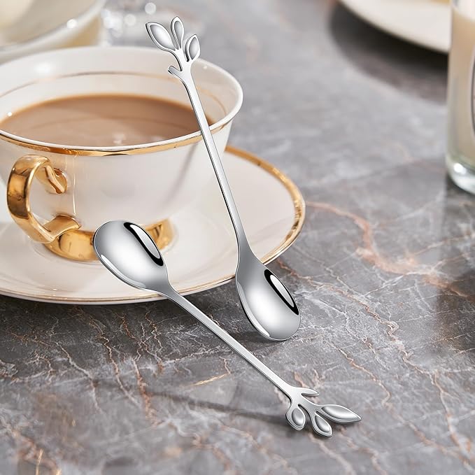 AnSaw Silver Small Coffee Spoon Holder Set,Swan Base With 10 Pcs Demitasse Espresso Spoons Set,4.7" Mini Leaf Dessert Spoon,Stainless Steel Tea Spoons - Image 8