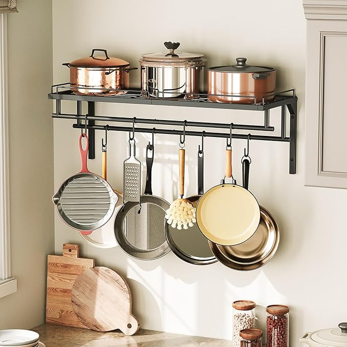 CHOEZON Hanging Pot Rack, Wall-Mounted Pot Rack, Kitchen Cookware Organizer, Metal Pot and pan Organizer Holder, for Cookware, Utensils Organization, Black TPR38BB by Choezon