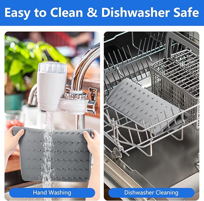 Silicone Dish Drying Mat for Kitchen Counter, Dish Drainer Mat, Non-Slip Drying Pad with Built-in Drain, Kitchen Drying Matt For Counter(18.9" x 11.8", Gray)