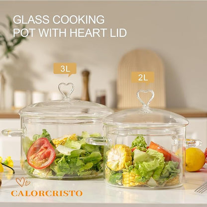 3 L Glass Cooking Pot with Lid, Glass Simmer Pot, Save Energy, Heat Resistant, for Water-based Recipes. Heart Shape Lid, Clear, 3.2QT(3000ml)