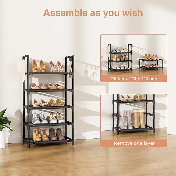 LANTEFUL 5 Tiers Shoe Rack 12-15 Pairs Boots Organizer Storage Sturdy Narrow Shoe Shelf for Entryway, Closets with Hooks, Black - Image 5