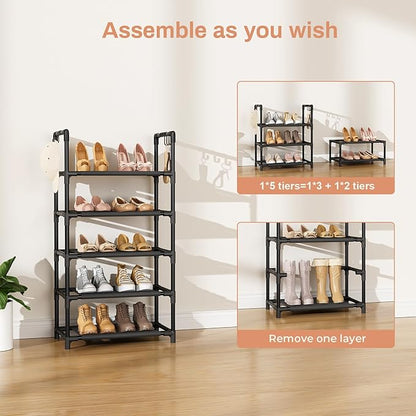 LANTEFUL 5 Tiers Shoe Rack 12-15 Pairs Boots Organizer Storage Sturdy Narrow Shoe Shelf for Entryway, Closets with Hooks, Black - Image 5