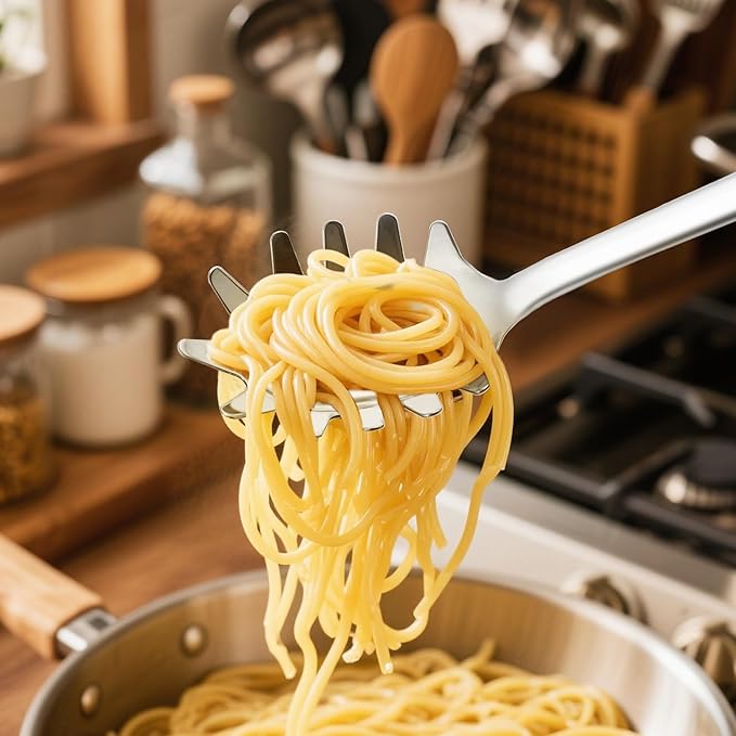 18/0 Stainless Steel Spaghetti Spoon & Slotted Spoon for Cooking, Heavy Duty Frying Spoon Pasta Strainer Skimmer, Cooking Utensils Commercial and Residential Use, Pack of 2 - Image 5