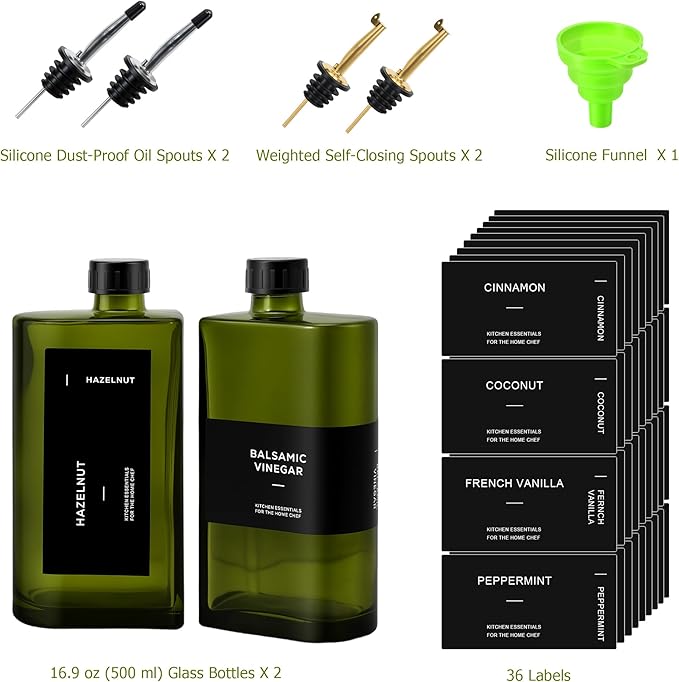 R DRURLCD Dark Green Glass Olive Oil Dispenser Set of 2, 16.9oz/500ml Curved UV-Blocking Oil and Vinegar, Soy Sauce, Coffee Syrup Bottles, 4 Gold Silver Stainless Steel Pourers for Kitchen