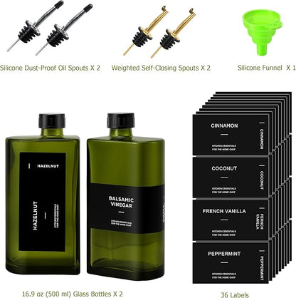 R DRURLCD Dark Green Glass Olive Oil Dispenser Set of 2, 16.9oz/500ml Curved UV-Blocking Oil and Vinegar, Soy Sauce, Coffee Syrup Bottles, 4 Gold Silver Stainless Steel Pourers for Kitchen