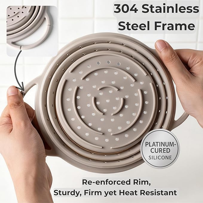 Silicone Colander Set – Collapsible Platinum Silicone Strainer with Stainless Steel Rim, Space-Saving & Heat-Resistant, Dishwasher Safe, BPA-Free by SelectShen™ (3 Pack) - Image 2