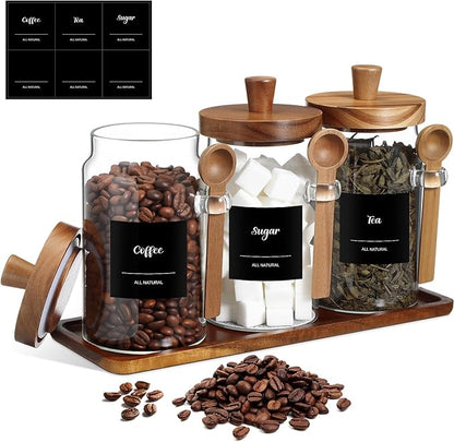 Suclain 3 Pcs Glass Coffee Container with Wooden Lid Spoon Shelf Labels Clear Airtight Jar Food Storage Canister Set for Sugar Spice Coffee Bean Holder Housewarming Gift(25 oz,Acacia Brown) by Suclain