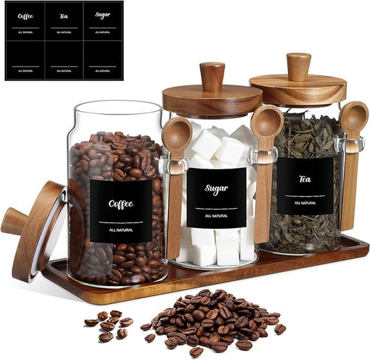 Suclain 3 Pcs Glass Coffee Container with Wooden Lid Spoon Shelf Labels Clear Airtight Jar Food Storage Canister Set for Sugar Spice Coffee Bean Holder Housewarming Gift(25 oz,Acacia Brown) by Suclain