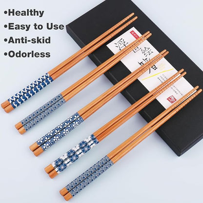 GLAMFIELDS Bamboo Chopsticks Reusable Japanese Style Lightweight 5 Pairs Ramen Chop Sticks Case Gift Set - Image 4