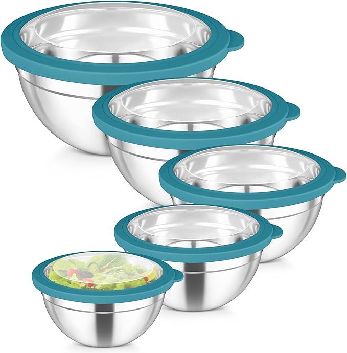 TeamFar Mixing Bowls Set, 4.5/3/1.5/1/0.7 QT Stainless Steel Nesting Salad Bowls with Visible Lids, For Serving Mixing, Non-Toxic & Heavy Duty, Airtight & Easy Clean, Dark Blue, Set of 5 by TeamFar