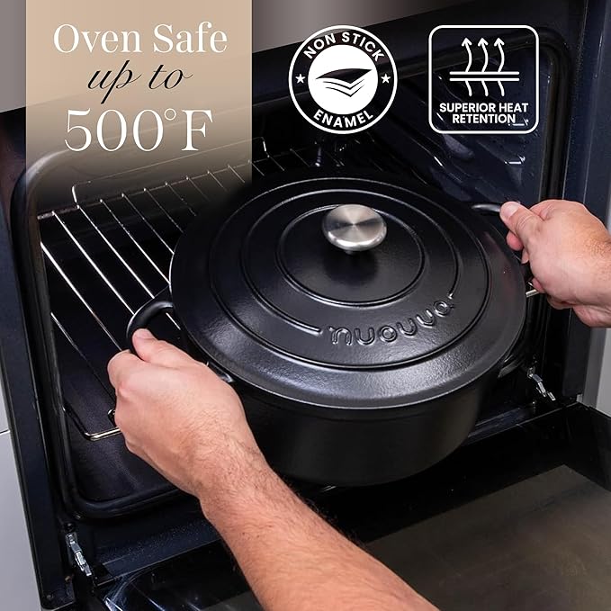 Nuovva Enamelled Cast Iron Dutch Oven Pot with Lid – 6.4 Quart Non Stick Casserole Pot – Heavy Duty & Oven Safe up to 500° F for Bread Baking, Braising, Stews, Roasting – 28cm Black - Image 5