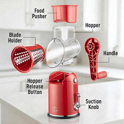 Zulay Kitchen Rotary Cheese Grater 5 Blade Cheese Shredder - Manual Hand Crank Cheese Grater With Reinforced Suction & 5 Interchangeable Drums - Easy to Use, Vegetable Chopper Round Mandoline Slicer - Image 9