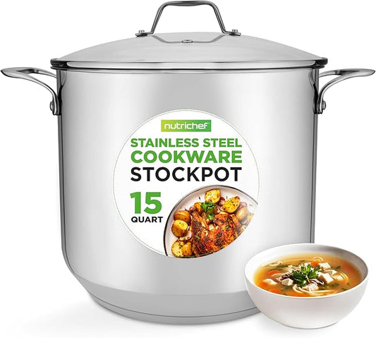 NutriChef 15-Quart Stainless Steel Stock Pot with Tempered Glass Lid - Induction Compatible Large Stockpot, Ideal for Stews & Soups, Dishwasher Safe - NCSP16 by NutriChef%E2%84%A2Kitchen