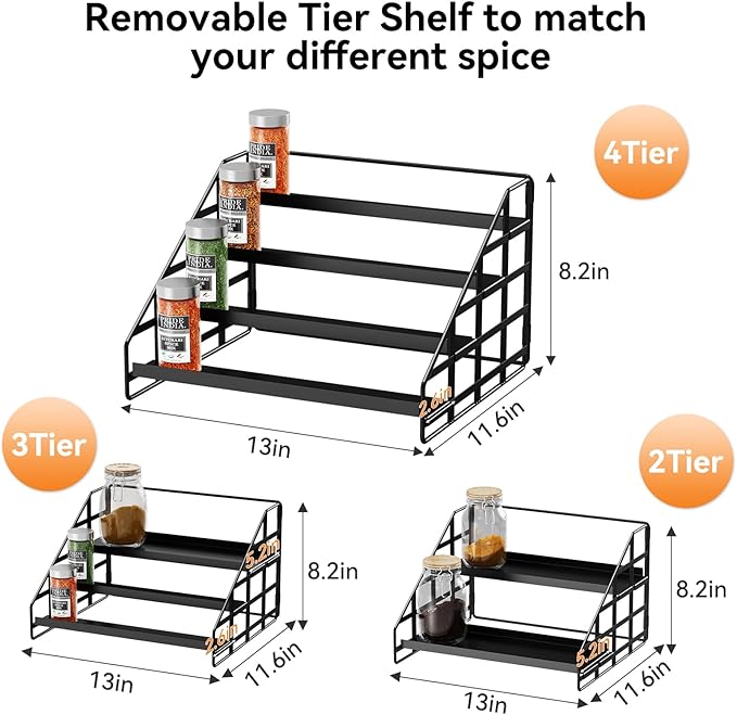 Bunoxea Spice Rack 4 Tier Kitchen Cabinet Organizer,Countertop Spice Rack,Tier Depth Adjustable Cabinet Shelf,Step Spice Organization Easy Visibility,Holds Seasoning and Condiments 2Pack - Image 2