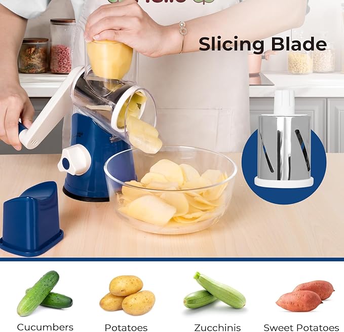 X Home Rotary Cheese Grater for Kitchen, Shredder with 3 Interchangeable Blades, Rotary Grater with Handle and Strong Suction Base, for Vegetables, Fruit, Nuts, Easy to Use and Clean, Dark Blue - Image 2