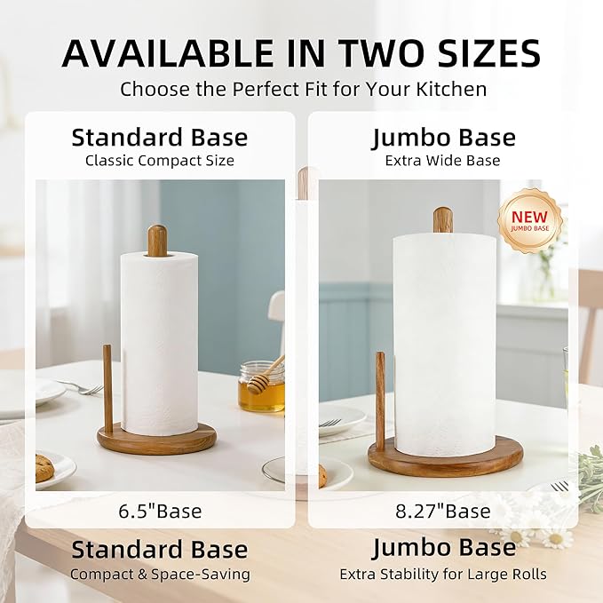 Jumbo Acacia Wood Paper Towel Holder – Large 8.27" Diameter Non-Slip Base, Countertop Wooden Paper Towel Holder for Kitchen, Dining, Coffee Bar, Thick & Stable, Easy Assembly, Natural Wood Finish - Image 2