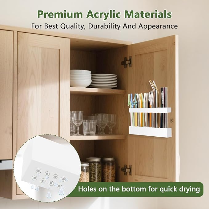 Malldii 9.5" Large Acrylic Straw Holder for Cabinet Door - Reusable Tumbler Straw Organizer Storage, Small Kitchen Accessories Container, Ultra Sticky Cupboard Door Mounted (White) - Image 2