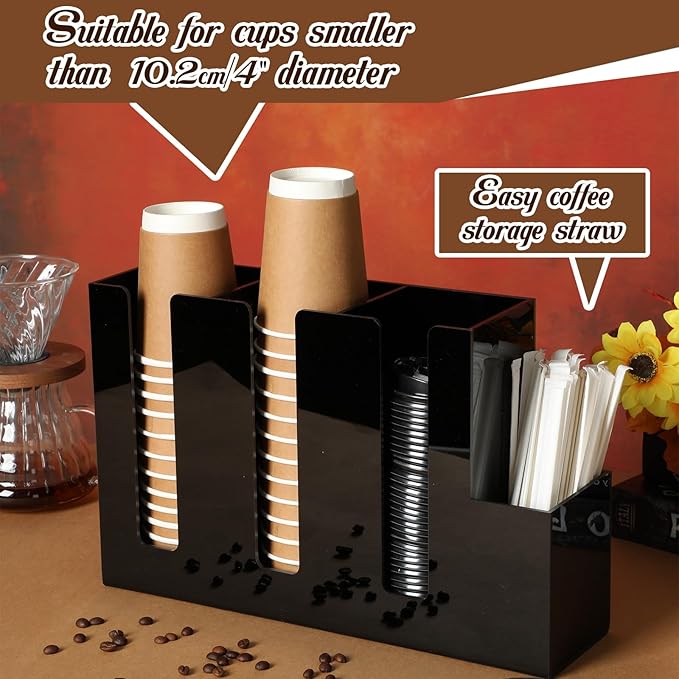Cunhill 4 Compartments Acrylic Coffee Cup and Lid Storage Organizer Holder Disposable Paper Cup Dispenser Organizer Plastic Lid Holder Accessories for Kitchen Bar Shop Party Supplies(Black) - Image 4