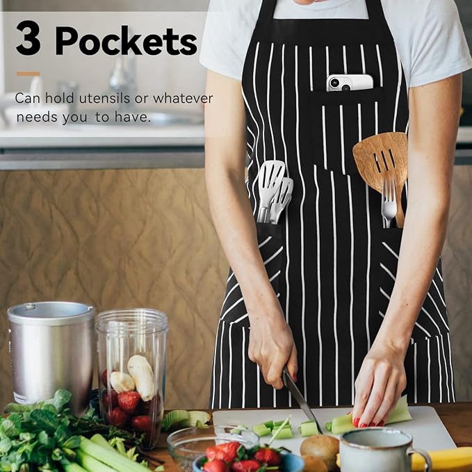 NLUS 2 Pack Cooking Aprons for Women with Pockets Adjustable Kitchen Bib Aprons for Women Men Chef, Black/White Stripe (Black/White Stripes) - Image 6