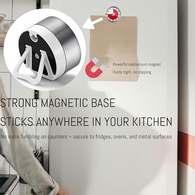 Kitchen Magnetic Visual Cooking Mechanical Timer with Loud Alarm, No Batteries Required, Stainless Steel, Countdown 60 Minute Wind Up Timer for Study, Chef, Teacher, Office (White with Bracket)