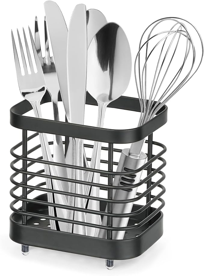 Utensil Holder, Stainless Steel Utensil Drying Rack for Kitchen Counter, Silverware Cutlery Flatware Holder Forks, Knives, Spoons, Chopsticks Organizer (Black) by IWNTWY