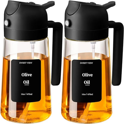 SWEET VIEW 2PCS Oil Sprayer for Cooking, 16oz/470ml Glass Oil Dispenser/Pour Bottle, Kitchen Accessories, Kitchen Gadgets for Air Fryer, Salad, BBQ, with Stickers (Black,Black) by SWEETVIEW