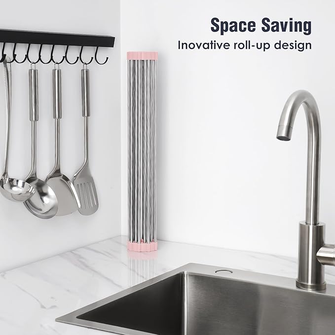 Tomorotec 17.7" x 12.5" Roll Up Dish Drying Rack Over Sink Drying Rack Sink Cover Kitchen Sink Accessories Gadget Multipurpose Organizer Foldable Stainless Steel Drainer - Image 3