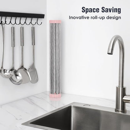Tomorotec 17.7" x 12.5" Roll Up Dish Drying Rack Over Sink Drying Rack Sink Cover Kitchen Sink Accessories Gadget Multipurpose Organizer Foldable Stainless Steel Drainer - Image 3