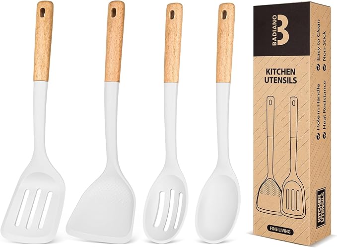 Silicone Cooking Utensils Set, Perfectly Angled for Frying, Mixing,Serving,Draining,Turning and Stirring, BPA-Free Matte Silicone, Wood Handles, Safe for Nonstick Cooking Surfaces,4 Pack (White) by BADIANO