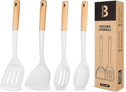 Silicone Cooking Utensils Set, Perfectly Angled for Frying, Mixing,Serving,Draining,Turning and Stirring, BPA-Free Matte Silicone, Wood Handles, Safe for Nonstick Cooking Surfaces,4 Pack (White) by BADIANO