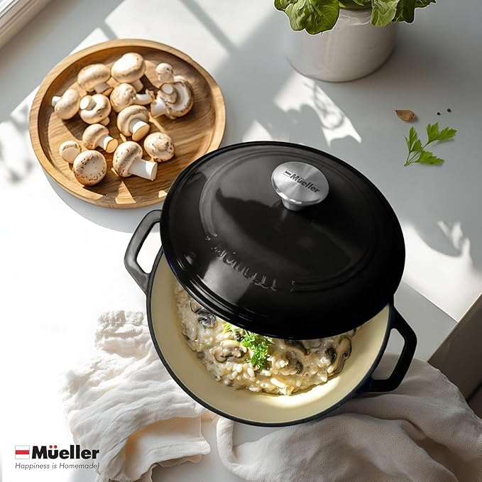 MUELLER HOME 4.5 QT Enameled Cast Iron Dutch Oven, Heavy-Duty Casserole Dish and Braiser Pan with Lid and Stainless Knob, Oven-Safe up to 500° F & Across All Cooktops, Black - Image 7